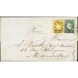 1881 (Mar 18) Entire to France franked 2d + 1/- (S.G. 22, 26) tied by fine cork cancels (Proud K36),