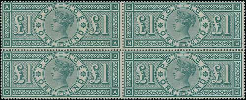 1891 £1 Green, NA-OB unmounted mint block of four, superb quality. With a photocopy of 1993 B.P.A