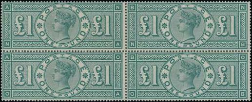 1891 £1 Green, NA-OB unmounted mint block of four, superb quality. With a photocopy of 1993 B.P.A