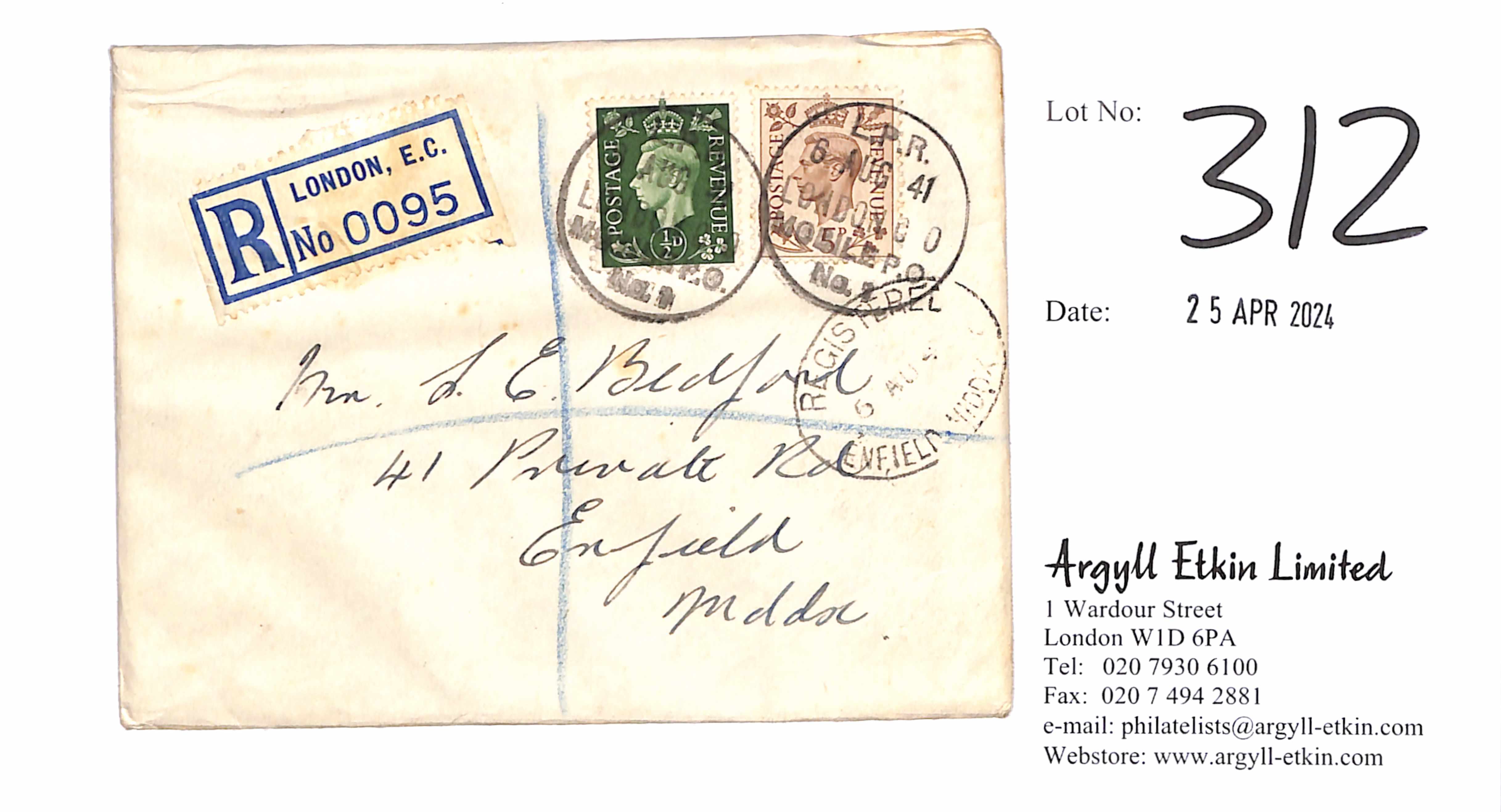 G.B. 1941 (Aug 6) Registered cover franked ½d + 5d, each cancelled by the unusual "L.P.R / 6 AUG