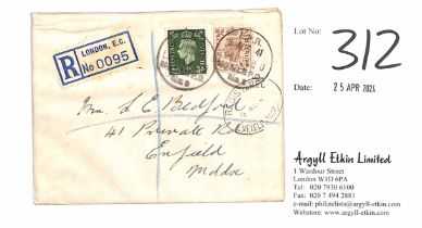 G.B. 1941 (Aug 6) Registered cover franked ½d + 5d, each cancelled by the unusual "L.P.R / 6 AUG