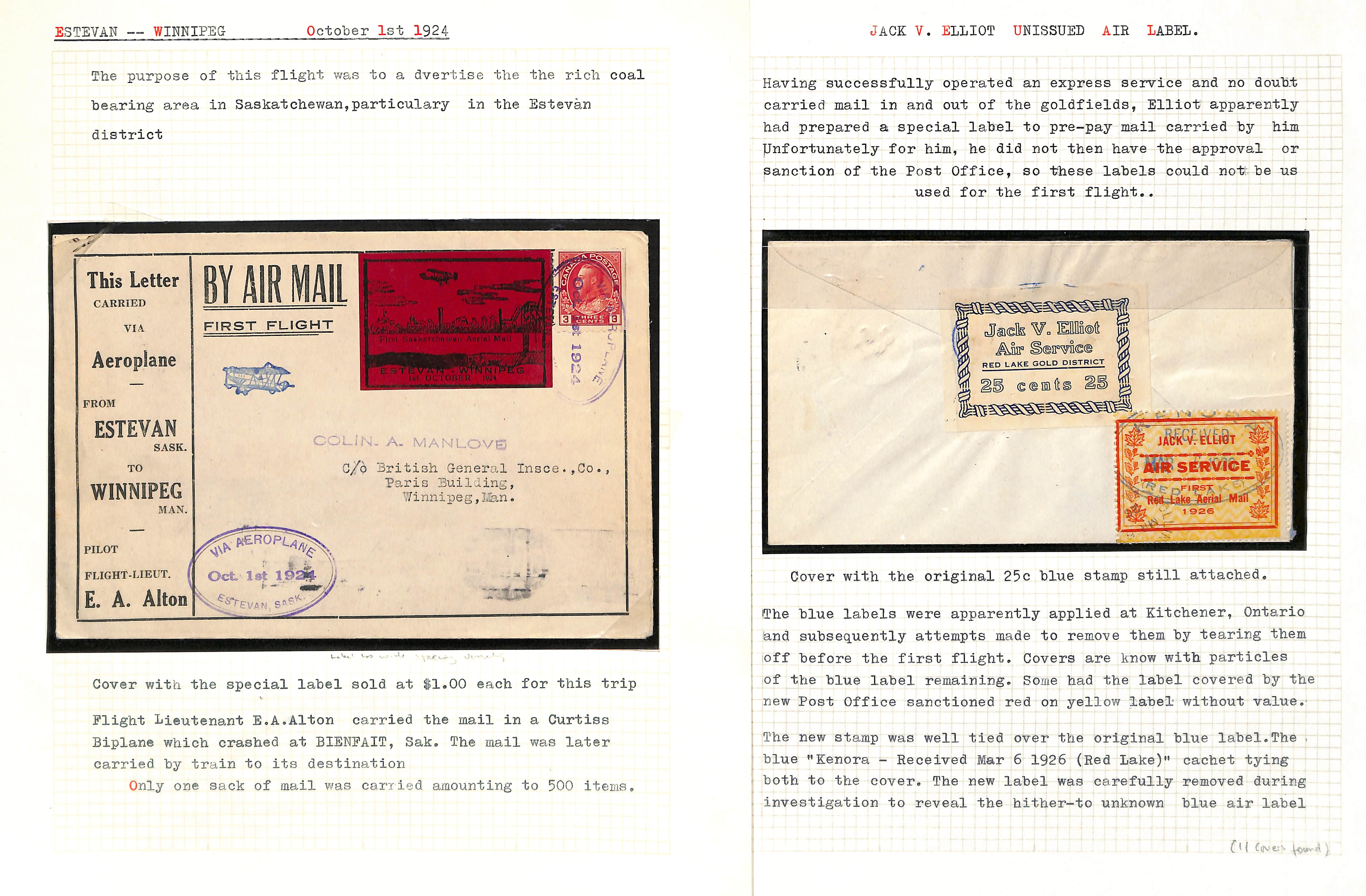 Air Mails. 1924-28 Covers bearing semi-official airways stamps, including 1924 "First Saskatchewan - Image 7 of 8