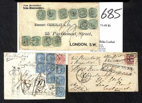 1872-75 Covers sent via Brindisi all with "EXCG OZ / DEFICIENT POSTAGE / FINE 9" handstamps, one