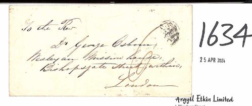 1862 Stampless entire to the Wesleyan Mission House in London with slightly underinked/smudged but