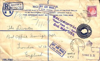 1953 (May 1) Singapore 20c registration envelope size H franked 35c, registered from Changi to
