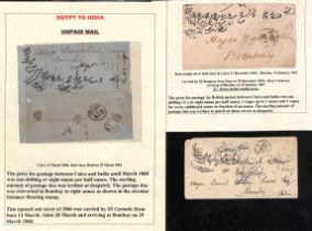 Egypt. 1860-71 Stampless covers to Bombay with "CAIRO" British Post Office c.d.s and "SUEZ"