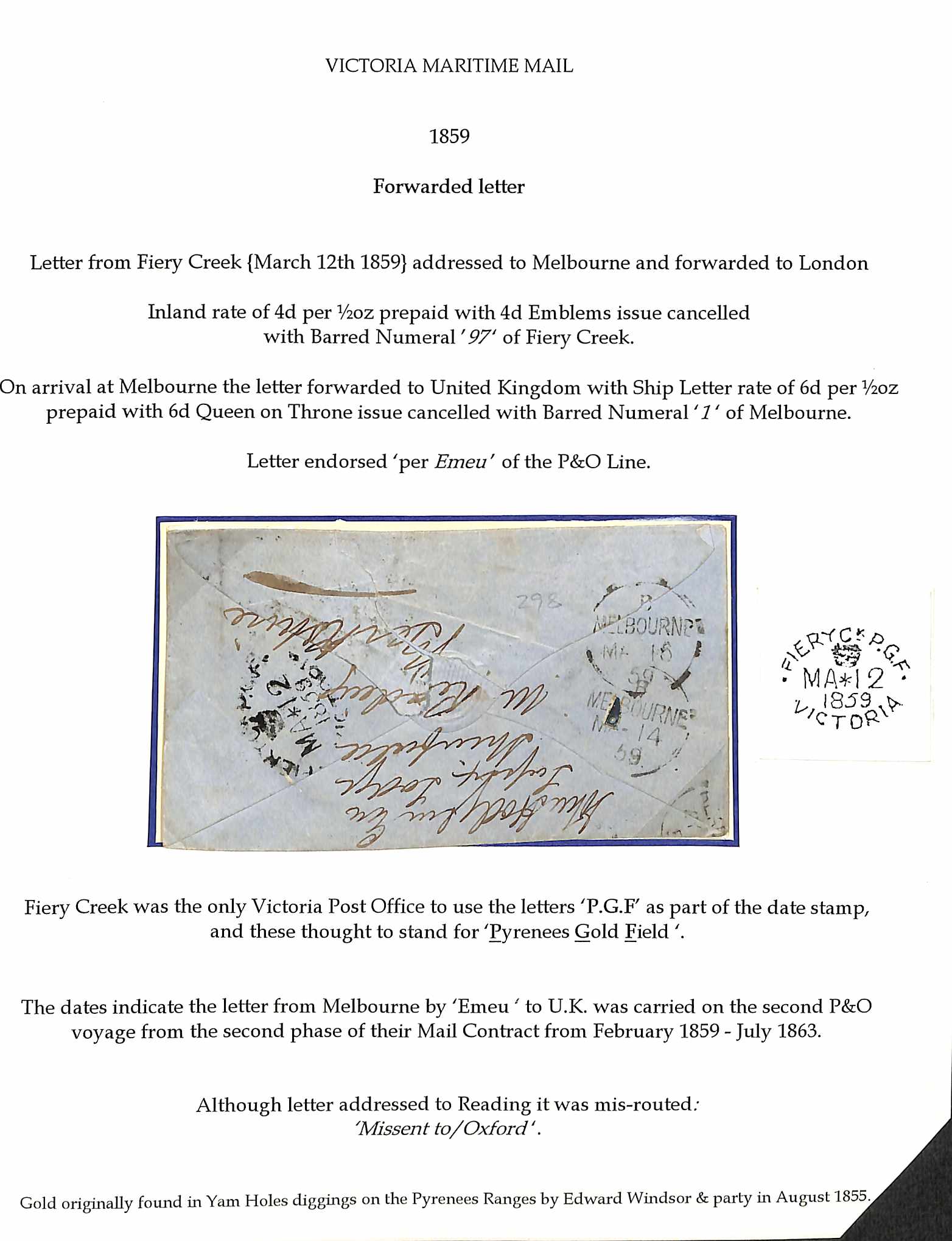 1859 (Mar 12) Cover to Melbourne franked 1859 perf 12 4d cancelled "97" with "FIERY CK P.G.F / - Image 2 of 2