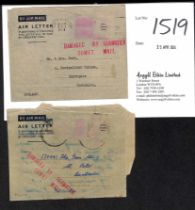 1954 (Jan. 7/8) Air Letters with the stamps washed off, both with the "DAMAGED BY SEAWATER / COMET