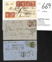 1868-69 Covers via Marseille with "DEFICIENT POSTAGE / BRITISH SHARE OF FINE 4½", all charged the