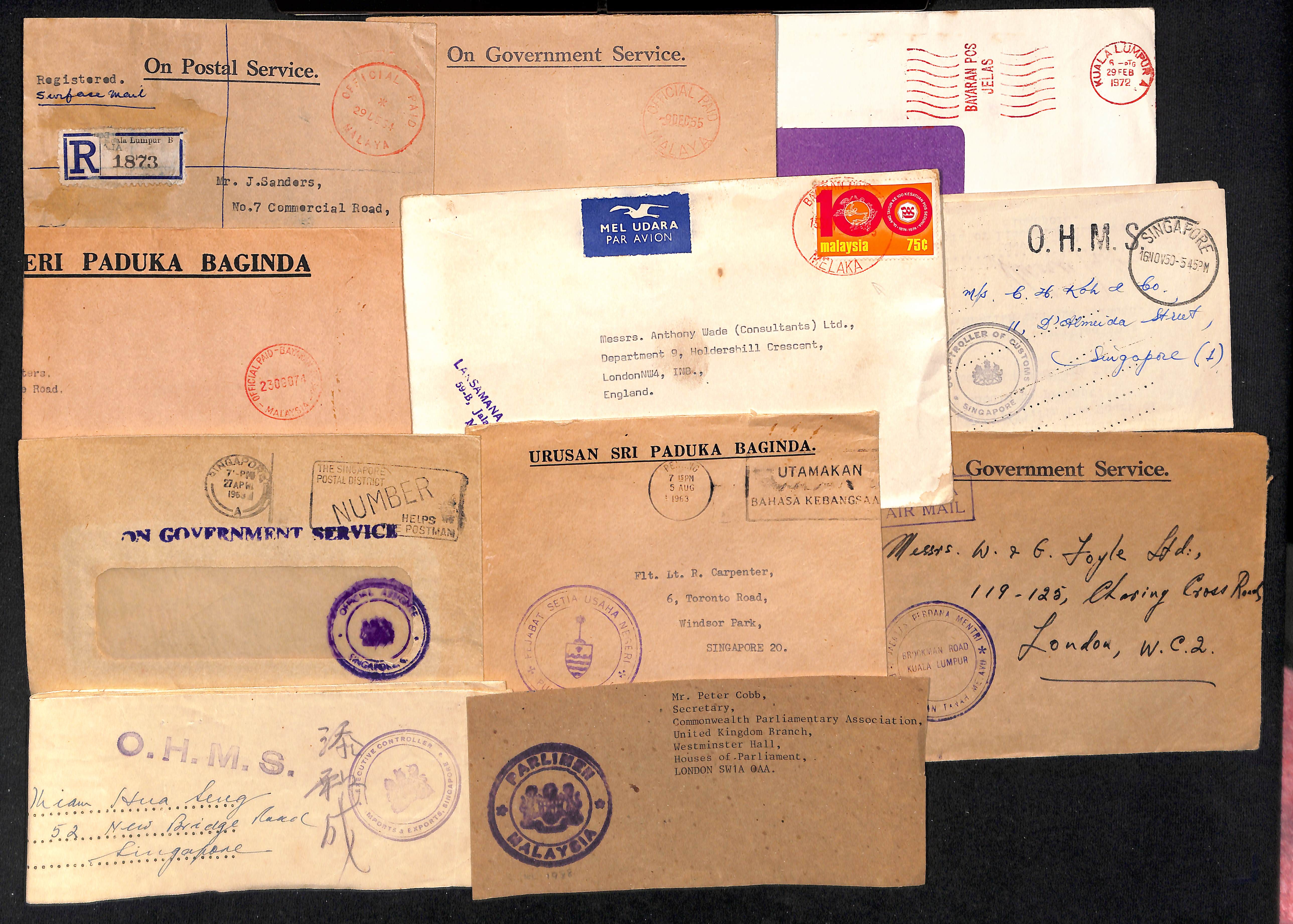 1930-86 Official mail from Singapore, Penang and other Malayan states, mainly stampless, various - Image 8 of 12