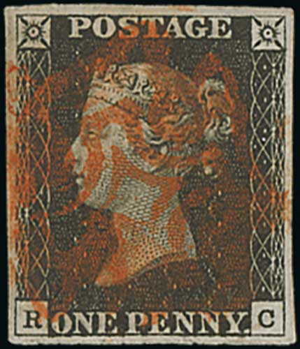 1840 1d Black, RC plate 1b with inverted watermark, four good even margins, used with a red