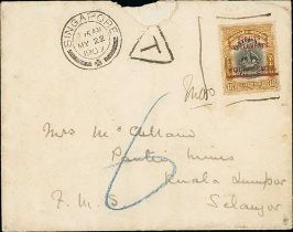 1907 (May 22) Cover from Singapore to Kuala Lumpur bearing 4c surcharge on Labuan 18c, the overprint