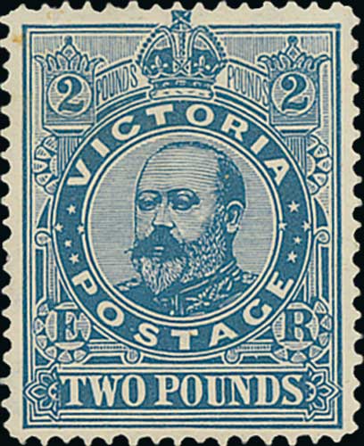 Victoria. 1902 Perf 12½ £2 deep blue, fine mint. S.G. 400, £750. Photo on Page 128.