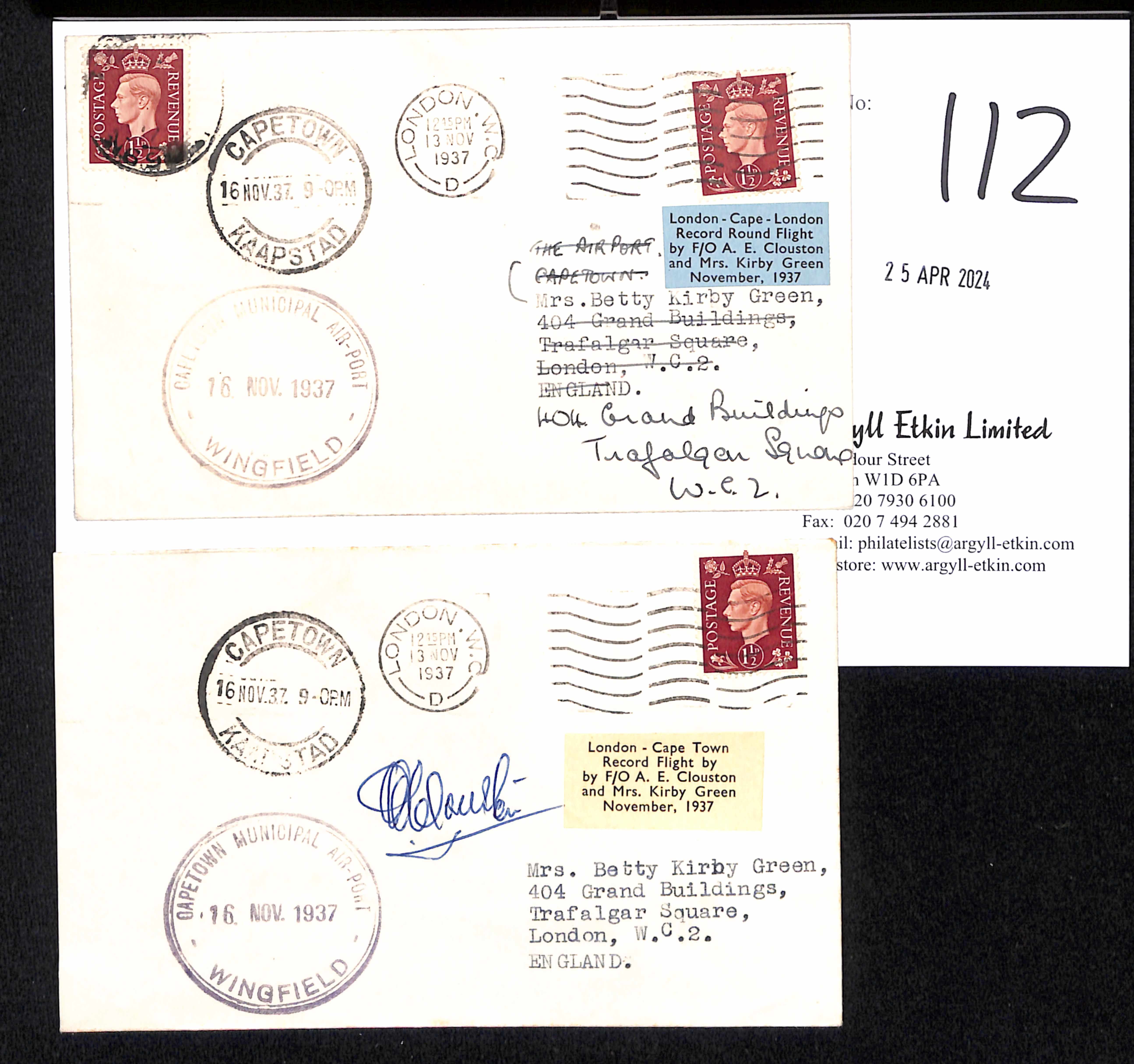 1937 (Nov 13) A.E. Clouston and Mrs Kirby-Green London to Cape Town record flight, covers franked