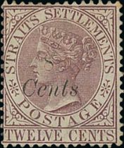 1884 (Aug) 8c on 12c Brown-purple, fine mint and used. S.G. 75, £950. (2). Photo on Page 148.