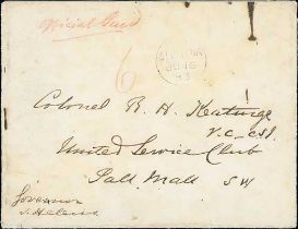 1883 (June 16) Stampless cover to "Colonel R.A Keating V.C, CSI, United Service Club, Pall Mall S.W"