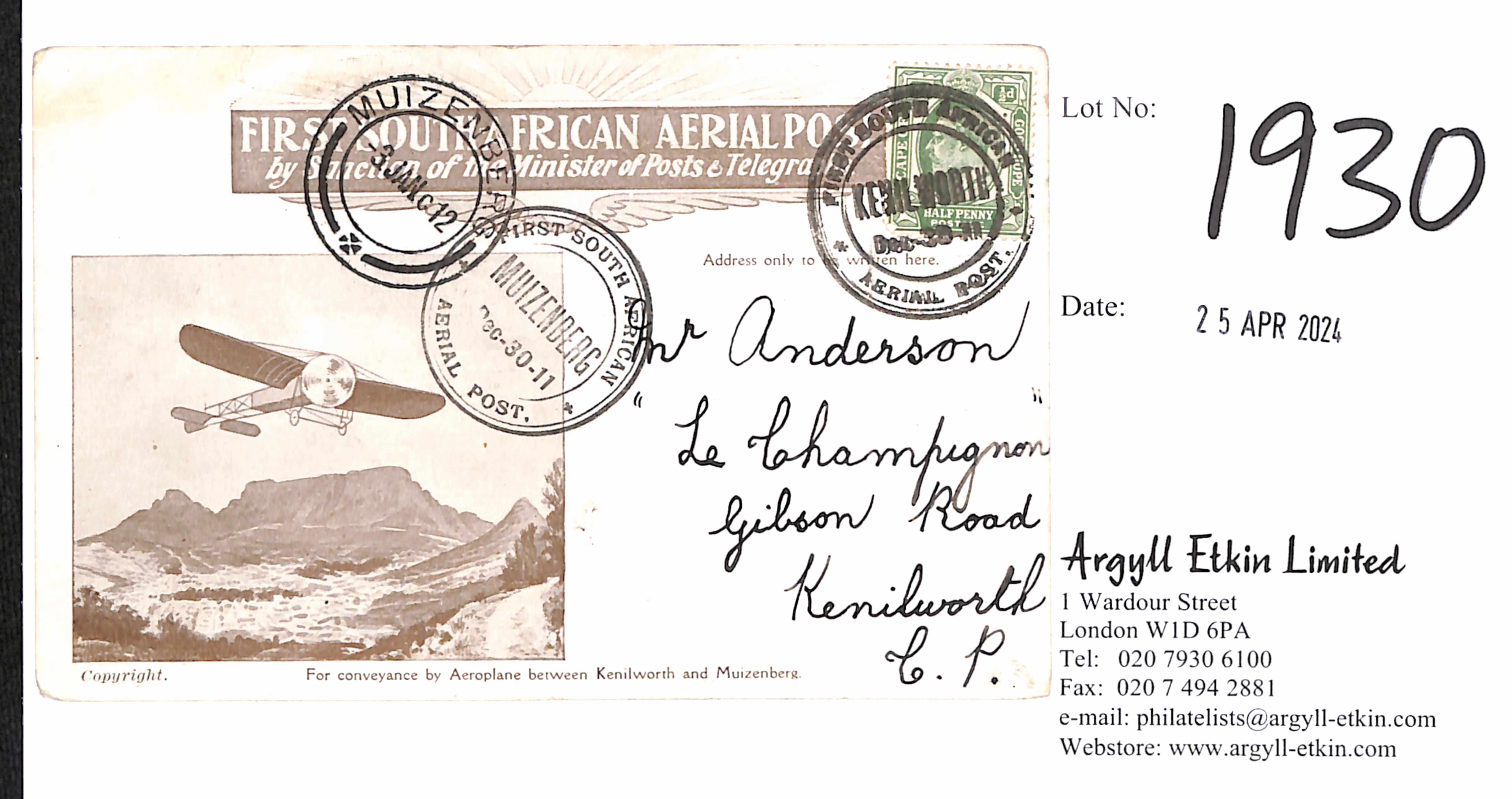 1911 (Dec 30) Kenilworth to Muizenberg second flight, pictorial Aerial Post card to Kenilworth