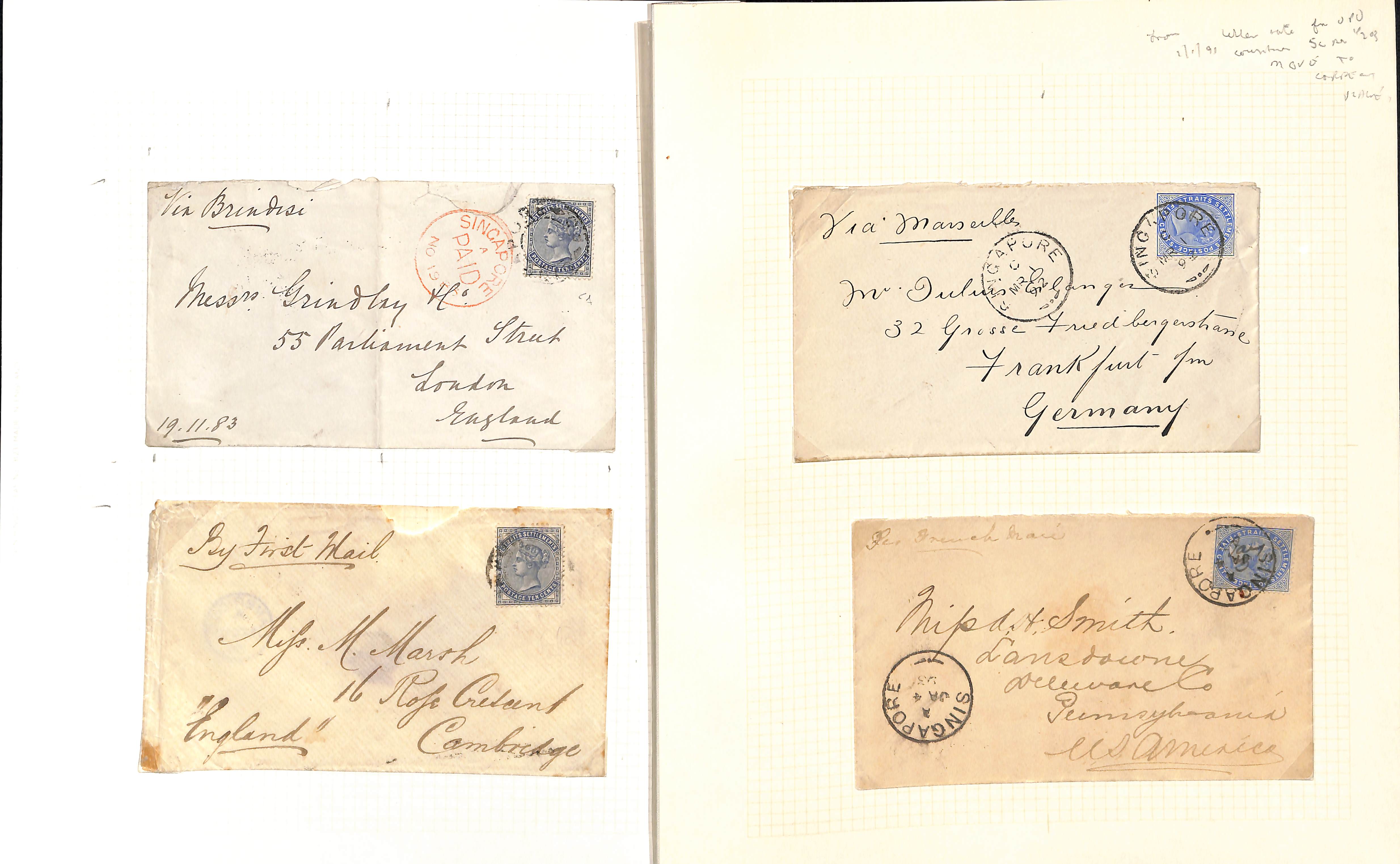 1883-1900 Covers, various QV frankings, including 1883 covers franked 10c to England (2, one with