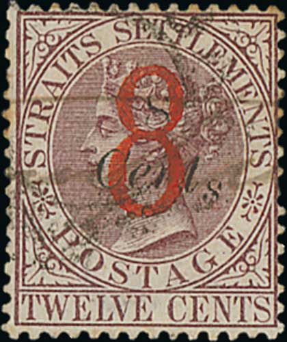 1884 (Sept) 8 on 8c on 12c Brown-purple, variety "S" of "Cents" low, a couple of tiny perf tones,