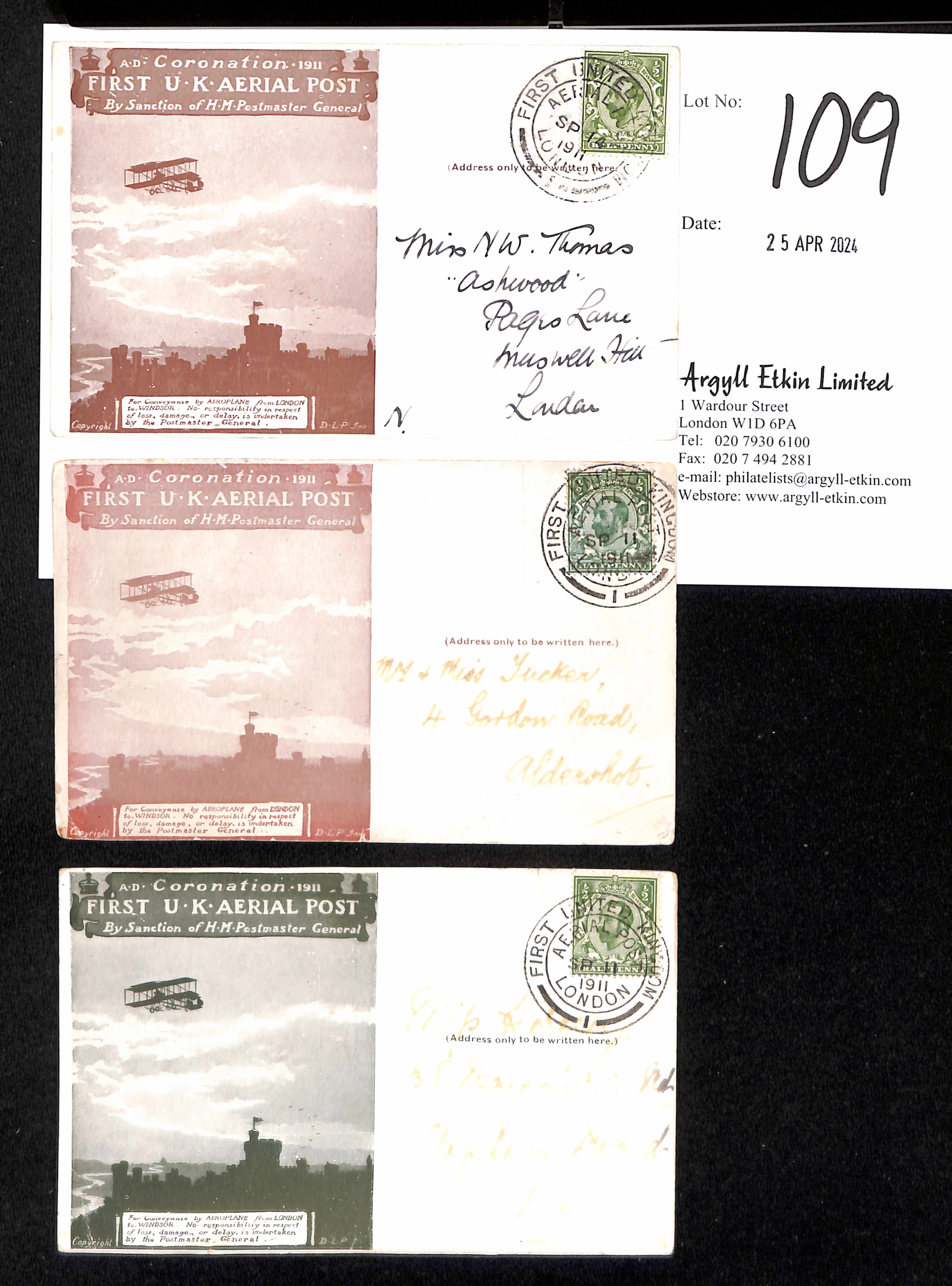 First U.K Aerial Post. 1911 (Sep 11-14) Brown, red brown and green London to Windsor postcards