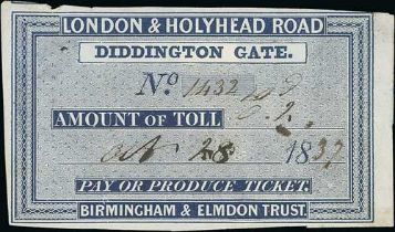 Tollgate Tickets. c.1810-60 Tollgate tickets including a fine printed ticket from Diddington on