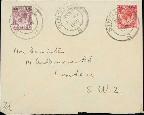 1917 (May 1) Red Cross 3c + 2c and 4c + 2c used on First Day Cover from Singapore to England, fine