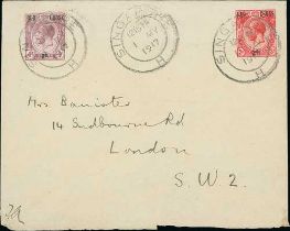 1917 (May 1) Red Cross 3c + 2c and 4c + 2c used on First Day Cover from Singapore to England, fine