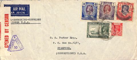 1941 (July 22) Long censored cover from Rangoon to USA inscribed "via Chungking - Hong Kong -