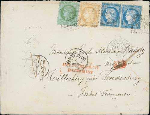France. 1873 (Apr 1) Cover from Bordeaux to Pondicherry, 65c postage paid by 5c + 10c + 25c pair,