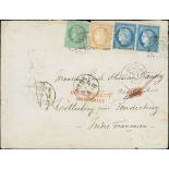 France. 1873 (Apr 1) Cover from Bordeaux to Pondicherry, 65c postage paid by 5c + 10c + 25c pair,