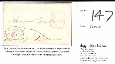 Newspapers. 1817 (Nov 4) Entire letter to Roscrea franked by William Donlevy, Clerk of the Connaught