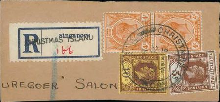 1925-34 Cover, pieces (5) and stamps (2) with "CHRISTMAS ISLAND" c.d.s type D5 (2 stamps) or D6, the
