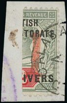 1894 Opobo River 1d provisional surcharge on bisected 2d, right half tied to piece by Old Calabar