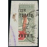 1894 Opobo River 1d provisional surcharge on bisected 2d, right half tied to piece by Old Calabar