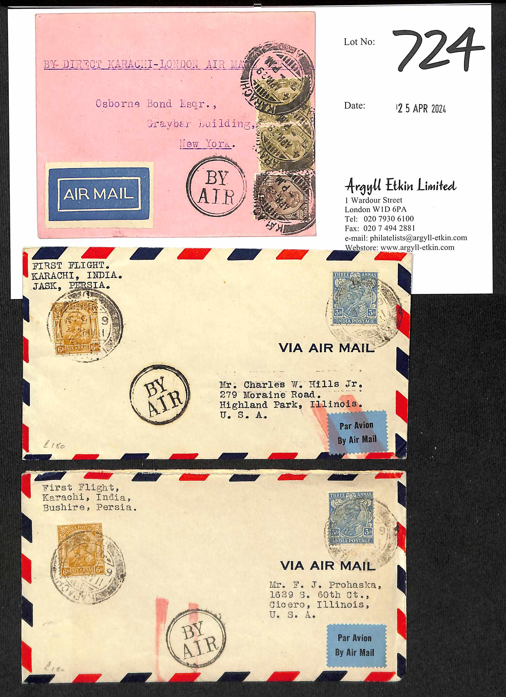 1929 (Apr 7) Covers from Karachi to USA, carried on the first Imperial Airways Karachi to London