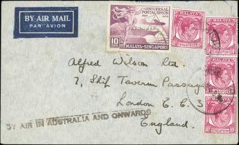 1950 (Apr 12) Air Mail cover to London franked Singapore 10c (4) + U.P.U 10c with Christmas Island