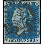 1840 2d Blue, TL plate 2, two used examples, the second a late state showing clear signs of