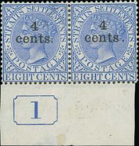 1898 (Dec) 4c on 5c Blue mint pair, and 4c on 8c mint marginal pair with current number "1", the