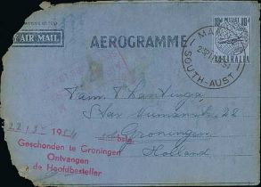 Netherlands - From Australia - Groningen cachet. 1954 (Mar. 11) 10d Aerogramme from Mannum with good