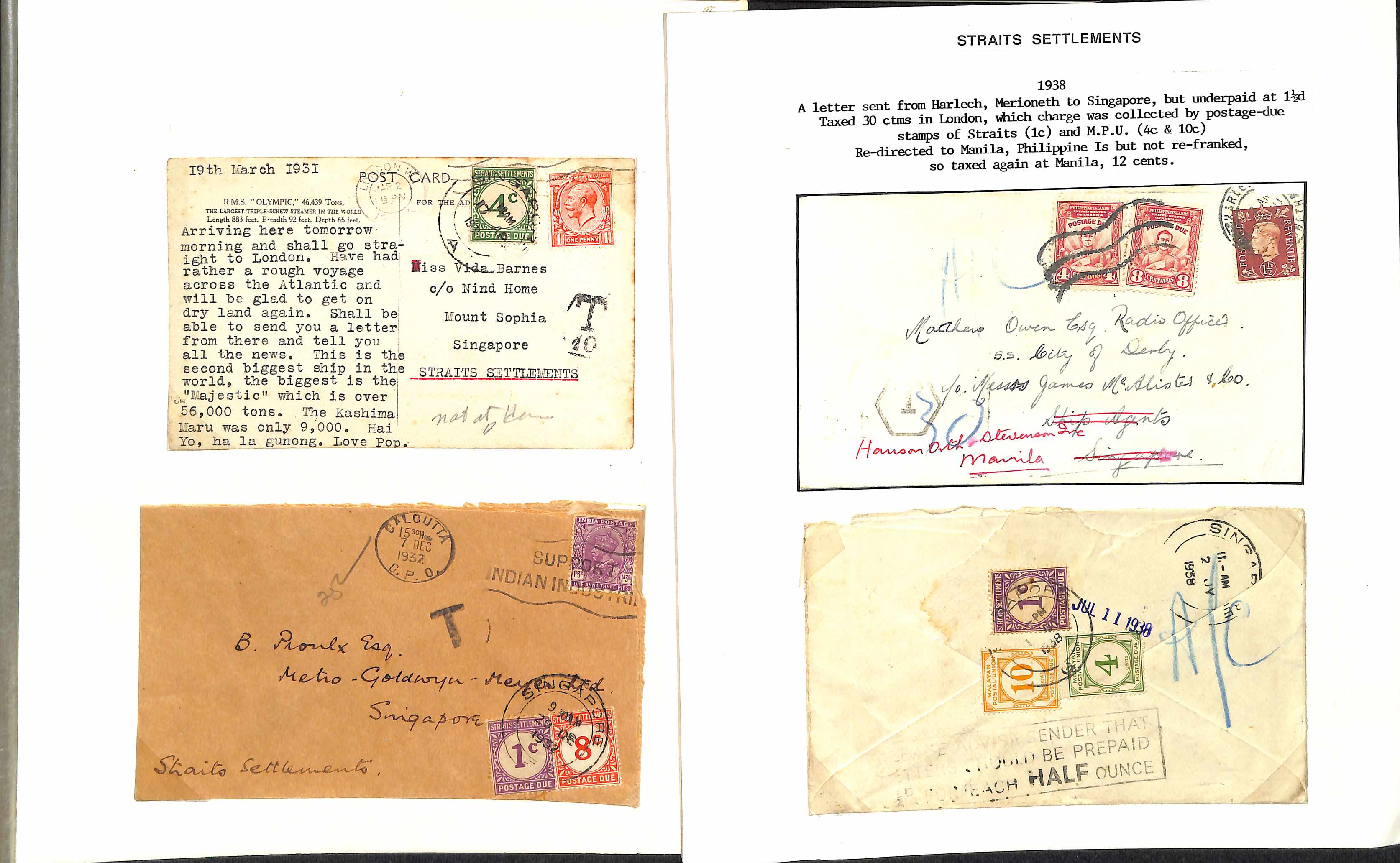 1924-38 Covers and cards with postage due stamps applied at Singapore, including underpaid covers - Image 3 of 5