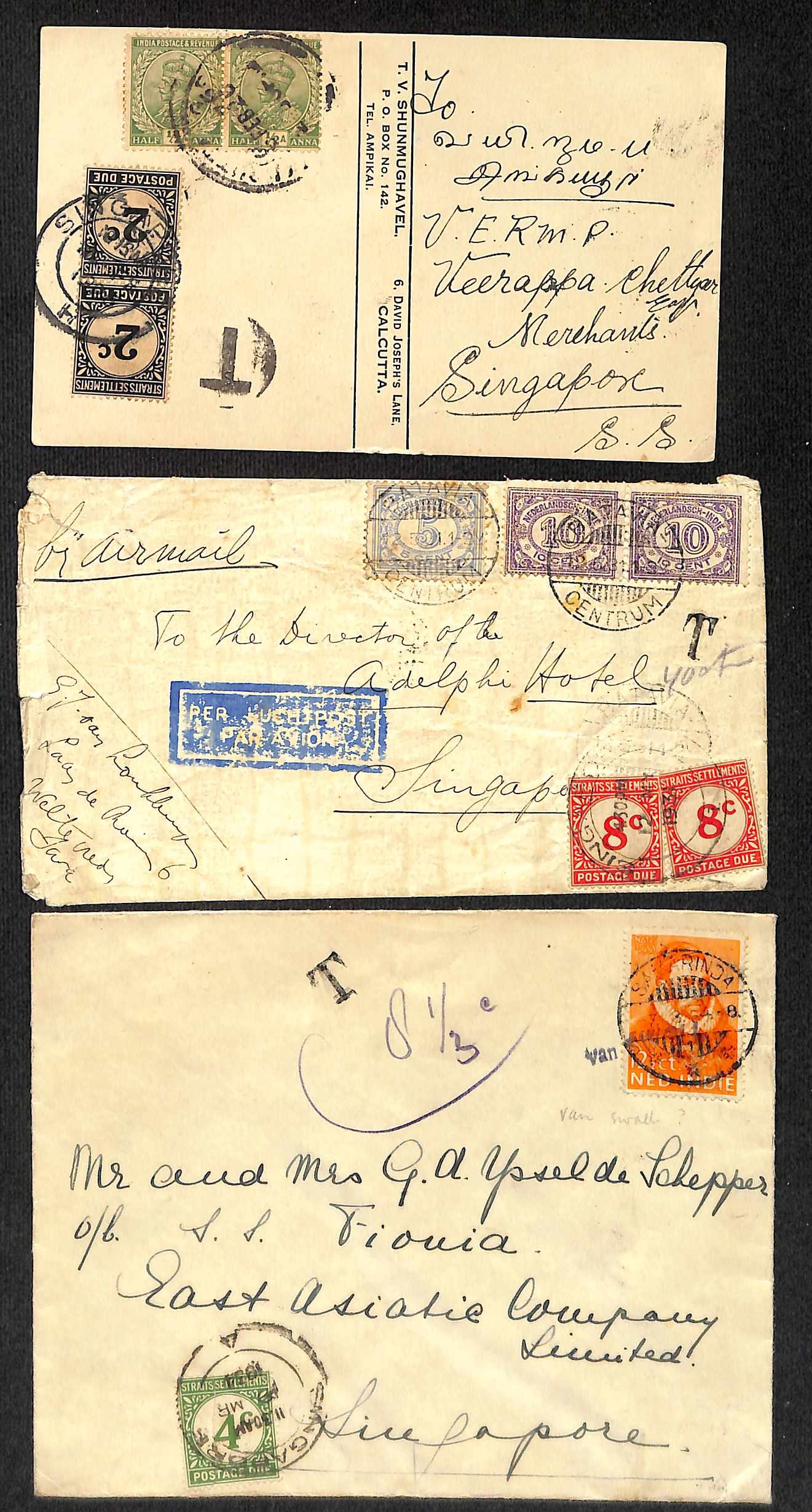 1924-38 Covers and cards with postage due stamps applied at Singapore, including underpaid covers