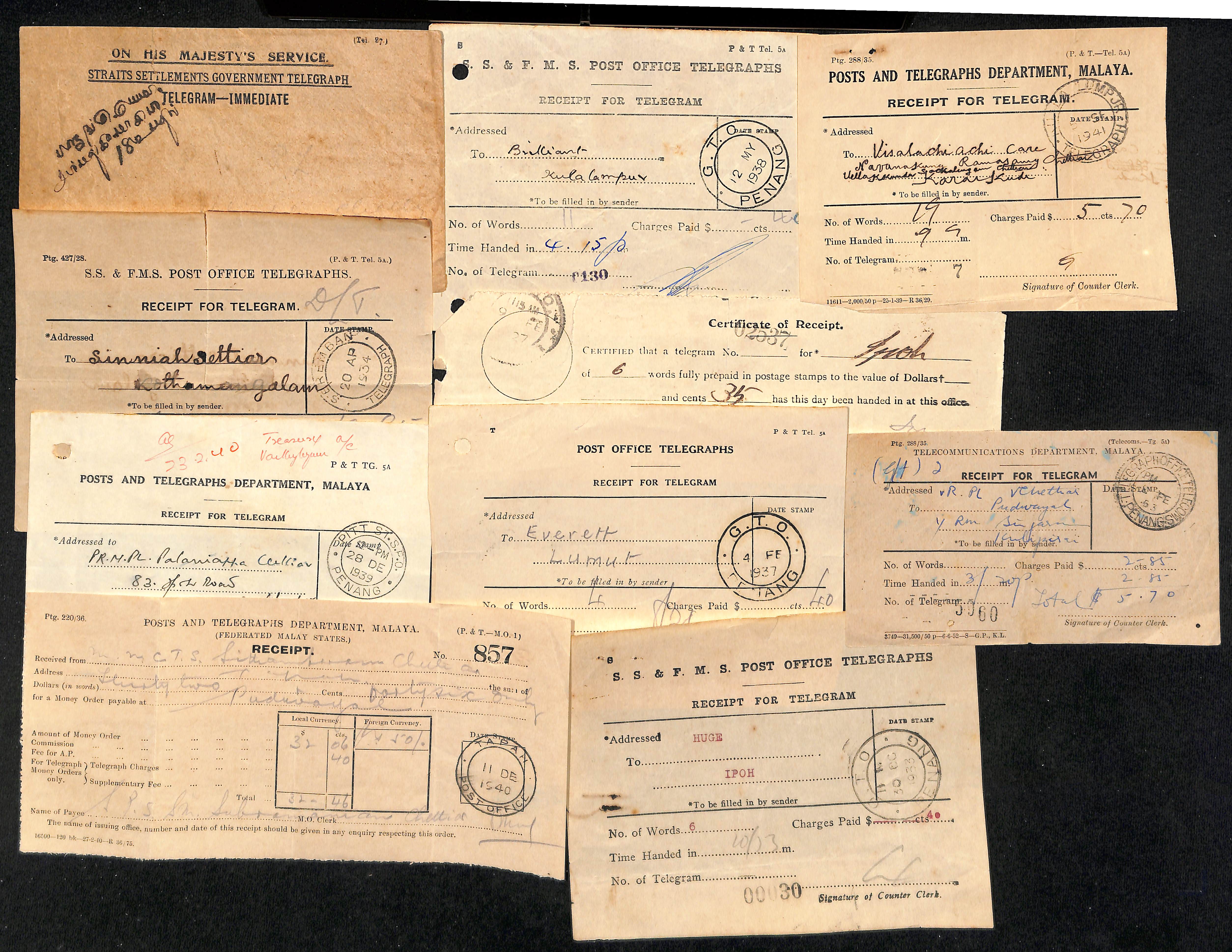 Telegrams. 1925-48 Telegram forms (21) and envelopes (16), mainly Straits but some from Johore, F.