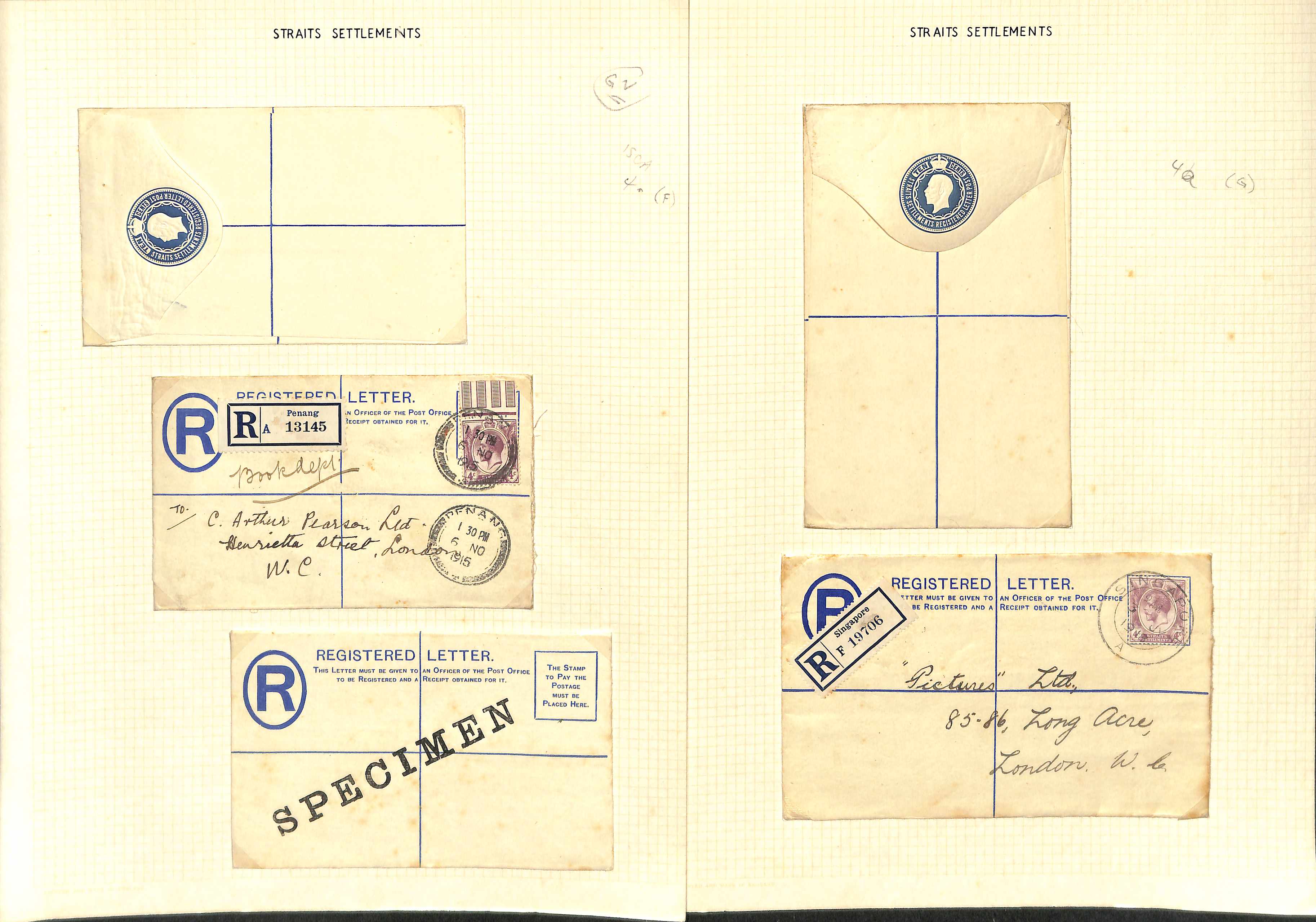 1912-25 KGV 10c Registration envelopes, stamps in blue or ultramarine, comprising size F Specimen,