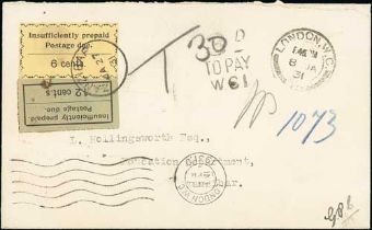 1931 (Jan 8) Stampless cover from London to L. Hollingworth in Zanzibar with "3D / TO PAY / W.C.1"