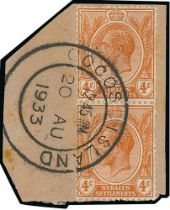1933 (Aug 20) Piece with KGV 5c tied by the first type "COCOS ISLAND" c.d.s (D1, only used April -