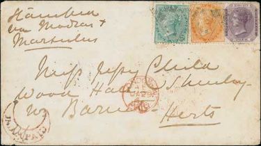 Madras Circle. 1865 (Dec 2) Cover to England franked 4a + 2a + 8p each cancelled by triangular