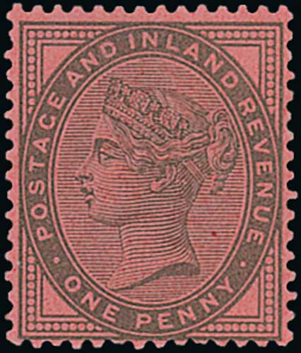 1881 1d Die II, Perf 14 colour trial in lilac on pink paper, superb mint, scarce. S.G. £3,000. Photo