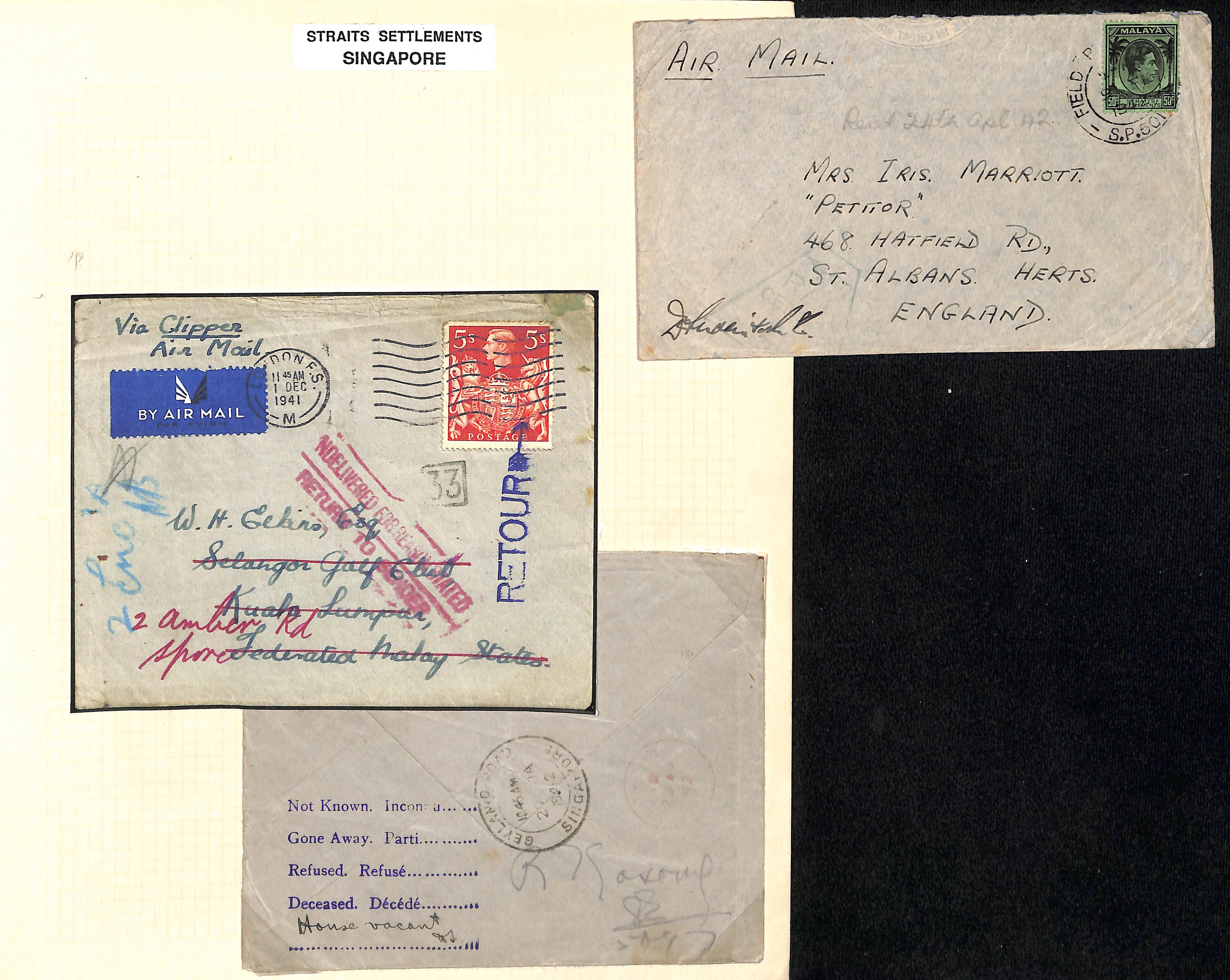 1942 (Jan 27 - Feb 10) Covers sent shortly before the fall of Singapore, comprising 1941 (Dec 1) - Image 2 of 2