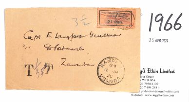 1930 (June 18) Stampless front from Kampala, Uganda, to Zanzibar, handstamped "T" with 21c due
