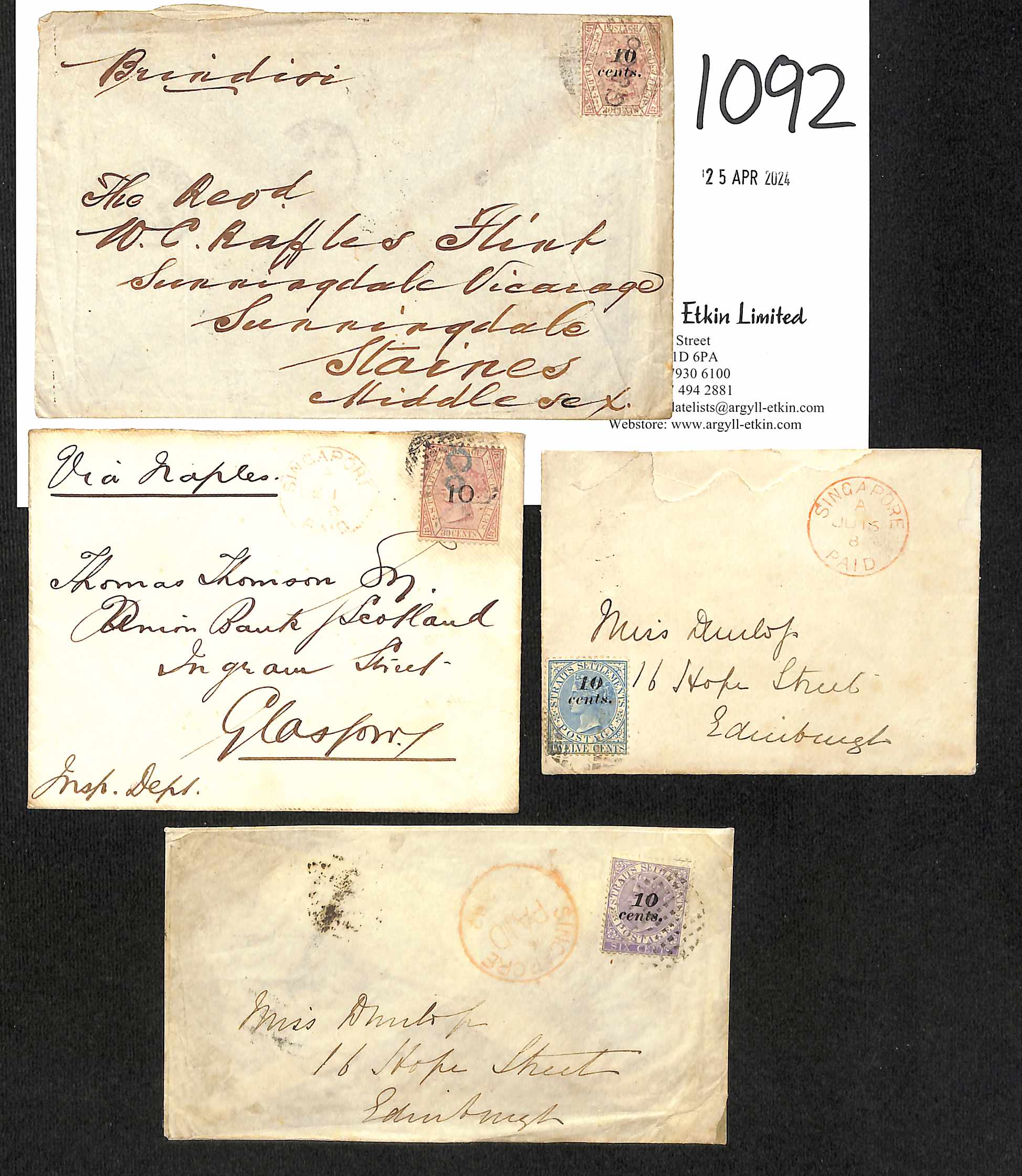 1881-82 Covers to G.B, bearing 1880 (Apr.) 10c on 30c claret, 1880-81 10c on 30c claret (trimmed